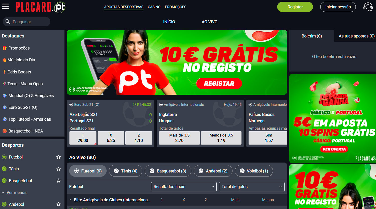 Seção com apostas desportivas no Placard.pt