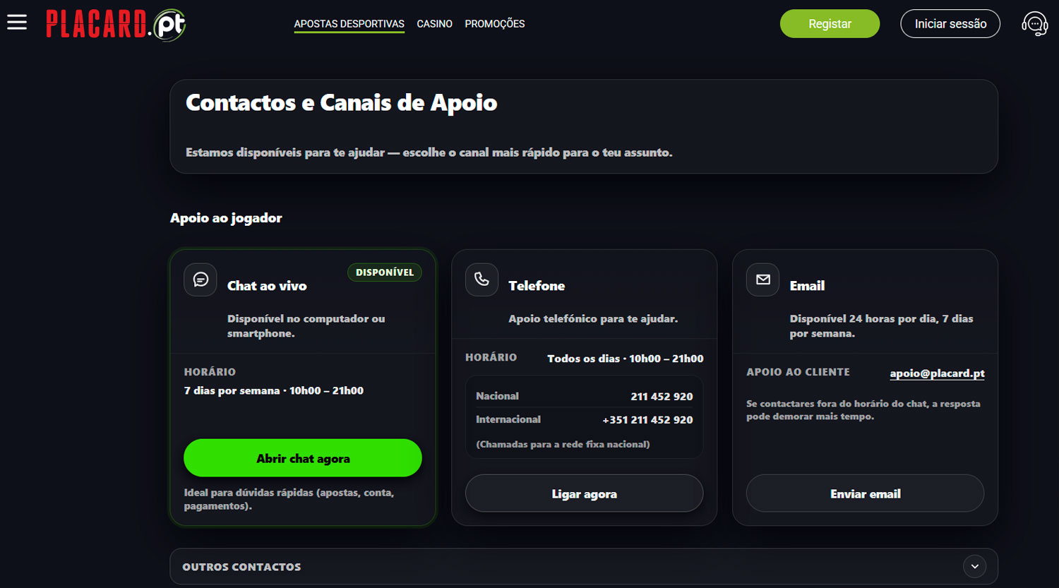 Imagem que mostra contactos do Placard.pt